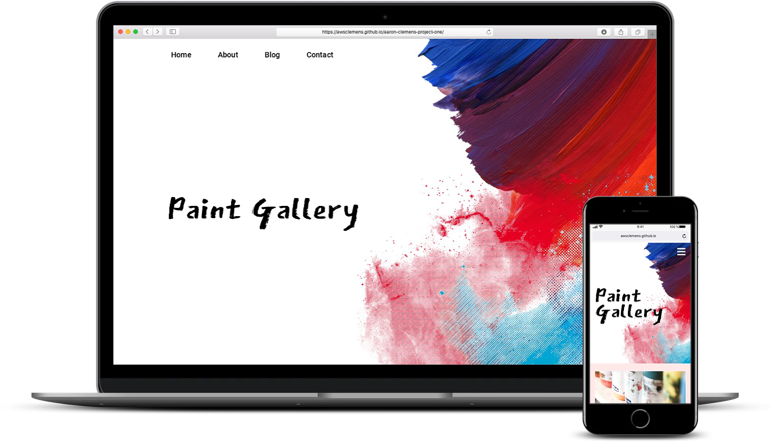 a laptop and mobile phone both showing Aaron's paint gallery project on screen
