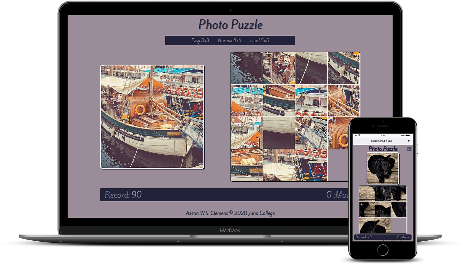 a laptop and mobile phone both showing Aaron's photo sliding puzzle project on screen