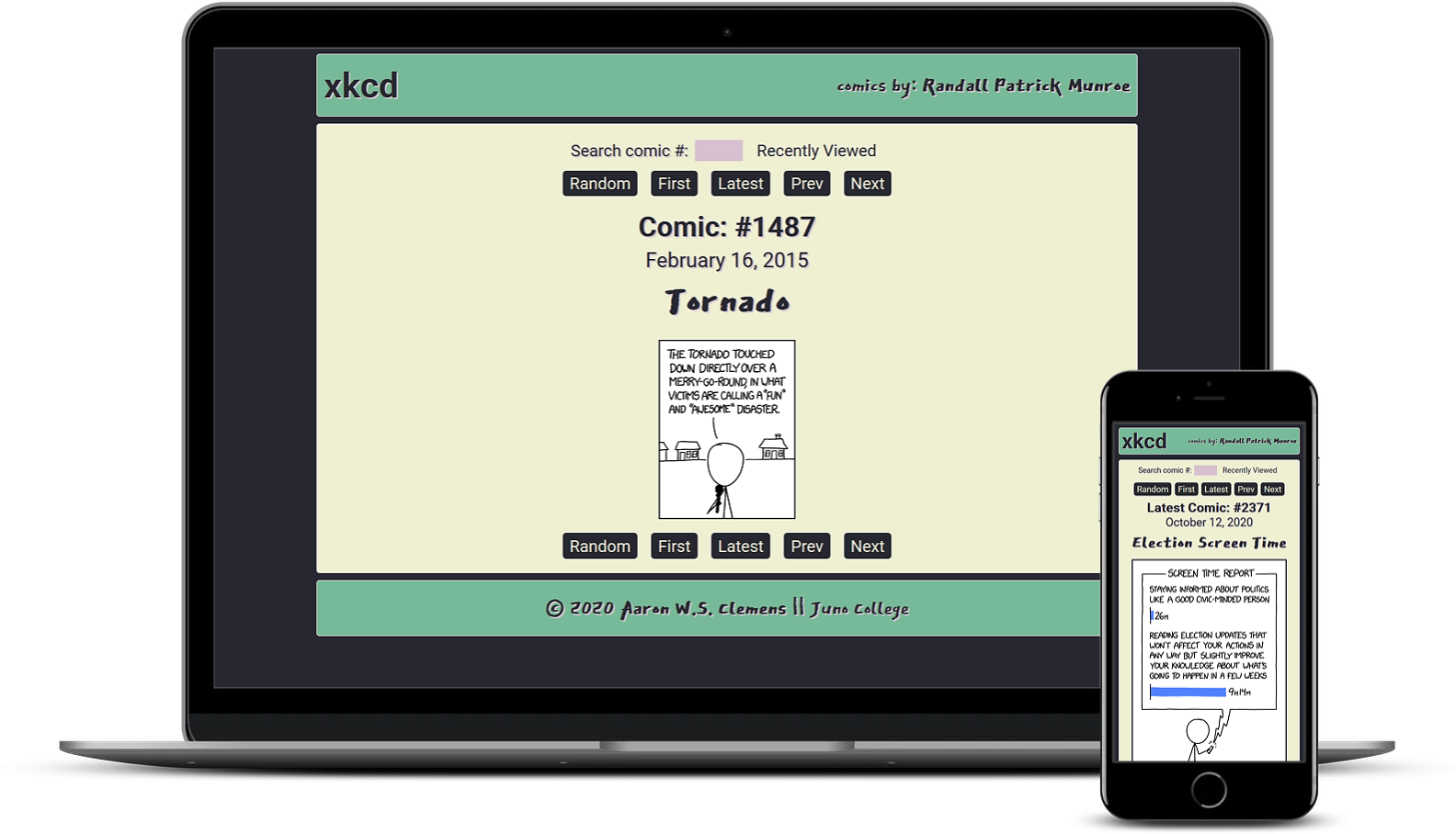 a laptop and mobile phone both showing Aaron's comic viewer project on screen
